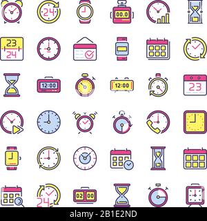 Icônes d'heure. Réveil, minuteur sablier et chronomètre. 24 heures de couleur horloge plate icône isolé vecteur ensemble Illustration de Vecteur