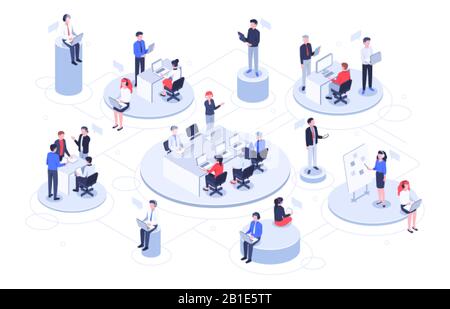 Bureau virtuel isométrique. Les gens d'affaires travaillant ensemble, les entreprises de technologie espace de travail et les plates-formes de travail d'équipe sont une illustration vectorielle Illustration de Vecteur