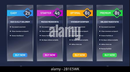 Comparaison des plans tarifaires Glassy. Tarifs liste de prix, acheter bannières et site Web tableau de prix transparent verre vecteur set Illustration de Vecteur