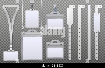 Badge de carte d'identification. Cartes d'identité avec étiquette de nom sur cordon de ruban, porte-badges d'identification et bracelet de passe-événement ensemble vectoriel réaliste Illustration de Vecteur