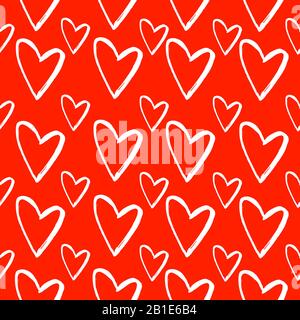 Motif abstrait sans couture des coeurs dessinant les mains. Illustration de l'encre. Coeurs blancs sur fond rouge. Illustration de Vecteur