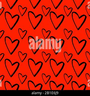 Motif abstrait sans couture des coeurs dessinant les mains. Illustration de l'encre. Coeurs noirs sur fond rouge. Illustration de Vecteur