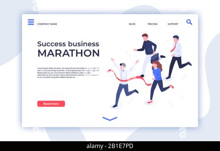 Succès marathon d'affaires. Démarrage réussi, homme d'affaires gagnant et professionnel triomphe page d'atterrissage isométrique illustration vectorielle Illustration de Vecteur