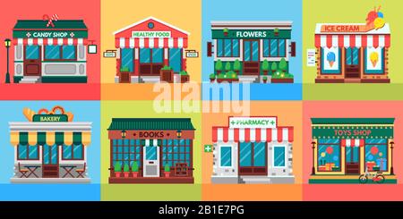 Façades de boutiques locales. Portes de magasins d'épicerie, vieux bâtiment de boutique devant et magasins de détail façade plate Vector set Illustration de Vecteur