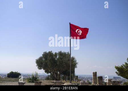 Ruines de Carthage en Tunisie - avec drapeau tunisien Banque D'Images