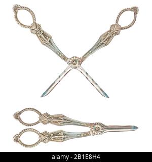 Vieux ciseaux argentés ouverts et fermés isolés sur un fond blanc Banque D'Images