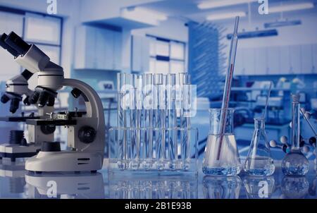 Laboratoire scientifique. Béchers, tubes à essai et microscope sur table en verre en laboratoire. Banque D'Images