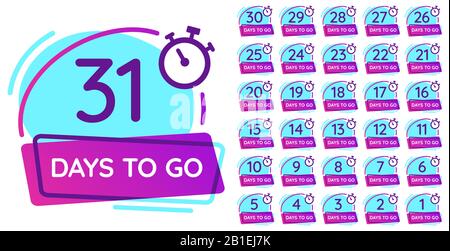 Badge Days to Go. Compte à rebours de la journée de travail, compteur de date de sortie et badge de numéro de temporisateur illustration vectorielle définie Illustration de Vecteur