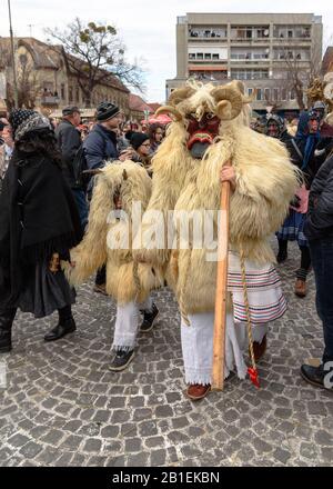 Un buso masqué marchant dans la procession lors de la célébration du carnaval Busojaras de 2020 à Mohacs, en Hongrie Banque D'Images