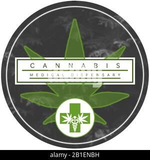 Motif du logo de distribution de marijuana/cannabis. Logo circulaire avec coloris noir, blanc et vert. Banque D'Images