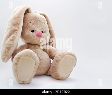 un joli petit lapin en peluche pour bébé assis sur un fond lumineux Banque D'Images