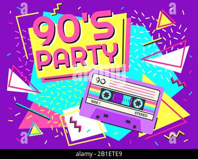 Affiche rétro de fête. La musique des années 90, la bannière de cassette ancienne et l'illustration d'arrière-plan vectorielle de style années 90 Illustration de Vecteur