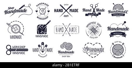 Badges faits à la main. Écusson Hipster Craft, étiquettes d'atelier anciennes et illustration vectorielle du logo Handcraft Illustration de Vecteur