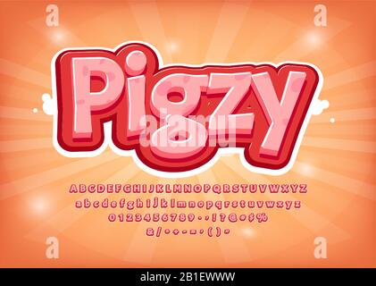Drôle de logo de jeu ou de menu. Police Pig, titre de style comique, effet de texte, alphabet rose vectoriel. Nombres, symboles Illustration de Vecteur
