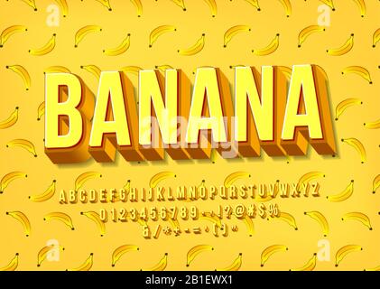 Lettre jaune de banane. Police vectorielle en 3 dimensions. Lettres, chiffres, symboles anglais Illustration de Vecteur