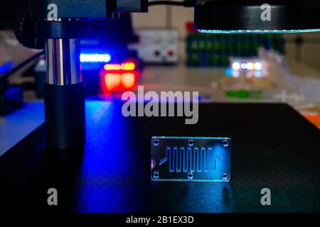 Dispositif microfluidique Instrument qui utilise des micro-quantités de fluide sur une puce de faire certaines analyses de laboratoire. Banque D'Images