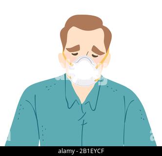 Illustration d'un Triste homme Portant un masque N 95 pour Se Protéger contre Les Particules ou Les Virus dangereux Banque D'Images