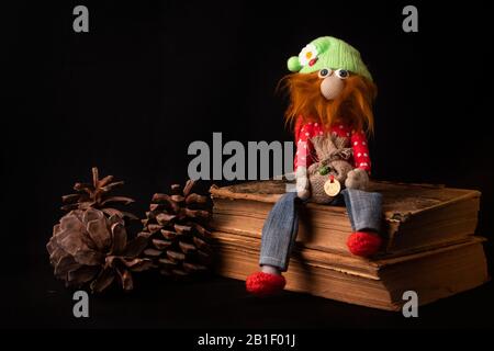 Drôle de conte de fées naine avec barbe à poils chiches rouge assis sur des livres anciens, peluche designer Banque D'Images