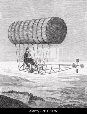 Charles RITCHEL (1844-1911) inventeur américain dans son dirigible en 1878 Banque D'Images