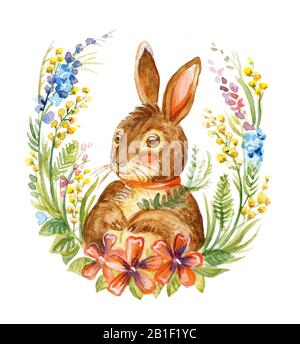 Illustration en aquarelle d'un lapin assis sur la couronne de fleurs de printemps, illustration du stock. Des personnages de lapin de Pâques vintage illustration isolée sur Banque D'Images