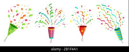 Paper confettis de fête. Eclater anniversaire célébration confetti poppers et voler félicitations rubans dessin animé scénario ensemble Illustration de Vecteur