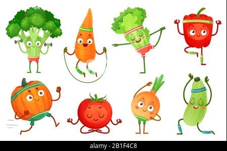 Conditionnement physique des légumes de dessin animé. Personnages de légumes séance d'entraînement, exercices de yoga en bonne santé nourriture et légumes de sport illustrations vectorielles Illustration de Vecteur