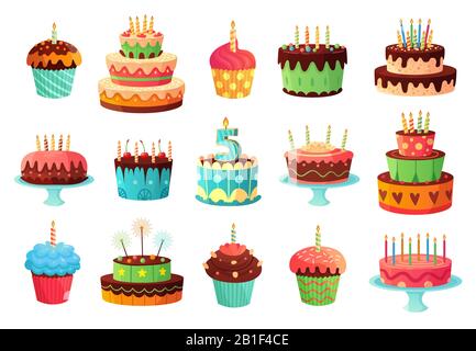 Fête d'anniversaire de dessin animé gâteaux. Gâteau sucré cuit au four, cupcakes colorés et gâteau de célébration illustration vectorielle Illustration de Vecteur