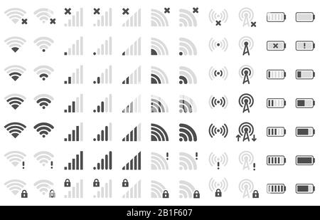 Icônes de la barre du téléphone mobile. Niveau de charge de la batterie du smartphone, icône d'intensité du signal wi-fi et jeu de pictogrammes de niveaux de connexion réseau Illustration de Vecteur