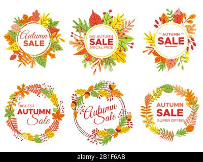 Badges de vente d'automne. Ventes de saison d'automne, cadre de feuilles jaunes automnales et jeu vectoriel de bannières de réduction de septembre Illustration de Vecteur