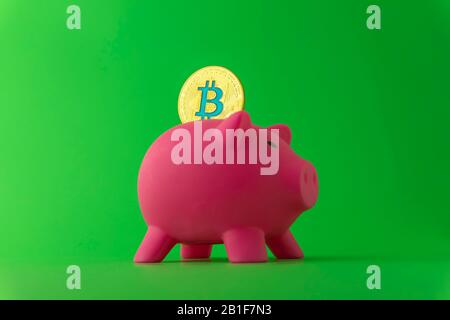 Enregistrement à l'aide du concept Bitcoin avec une pièce d'or virtuelle insérée dans une banque de piggie rose sur un fond vert Banque D'Images