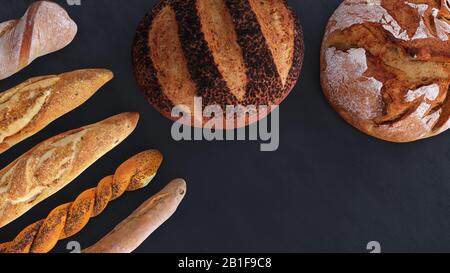 Différents types de pain et de petits pains dans la vue de dessus. Motif affiche de cuisine ou de boulangerie dans le noir Banque D'Images