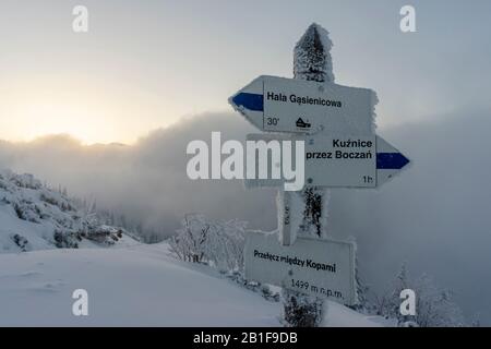 Signe des sentiers dans les montagnes dans la neige profonde. Les montagnes de Tatra. La Pologne. Banque D'Images