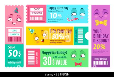 Bon promotionnel pour un joyeux anniversaire. Coupon anniversaire, bons cadeau heureux et code promotionnel souriant modèle de coupons scénario Illustration de Vecteur