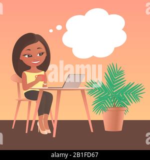 Jolie fille assise à une table avec un ordinateur portable. Rêver de quelque chose. Nuage vide pour le texte. Entre les mains d'une tasse de café. Illustration vectorielle illu Illustration de Vecteur