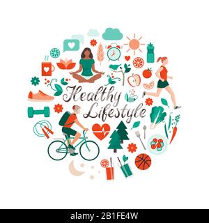 Style de vie sain et concept d'auto-soin avec des icônes de nourriture, de sport et de nature disposées en forme circulaire Illustration de Vecteur