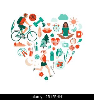 Un style de vie sain et un concept d'auto-soin avec des icônes de nourriture, de sport et de nature disposées en forme de coeur Illustration de Vecteur
