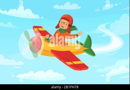 Pilote de dessin animé. Aviateur pour enfants volant dans l'avion, voyage de Little boy avia et vol d'avion dans l'illustration du vecteur du ciel Illustration de Vecteur