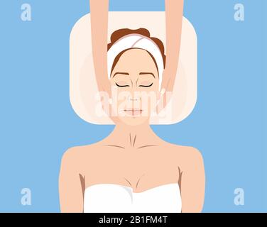 Vecteur d'une belle femme qui reçoit un massage du visage, un soin spa au salon de beauté. Illustration de Vecteur