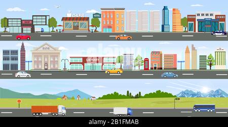 Vecteur de paysage urbain avec bâtiments modernes et fond de banlieue avec montagnes et collines, rues, autoroutes et passant par les voitures. Illustration de Vecteur
