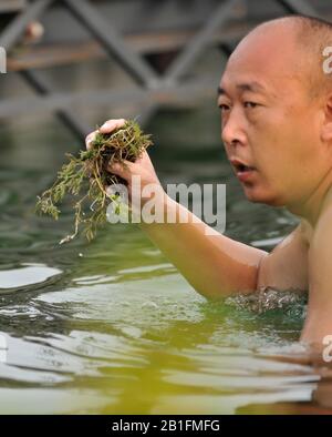 Shunyi, CHINE. Le nageur aux mauvaises herbes s'enlève de la nageoire du GBR W2X, avant le début de la double chaleur des femmes à la régate olympique de 2008, samedi, 09.08.2008 [crédit obligatoire: Peter SPURRIER, Intersport Images] Banque D'Images