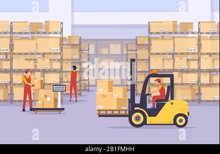 Vecteur d'un entrepôt avec des boîtes et des employés gérant des marchandises Illustration de Vecteur