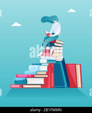 Vecteur d'une jeune femme assise sur une pile de livres et de lecture Illustration de Vecteur