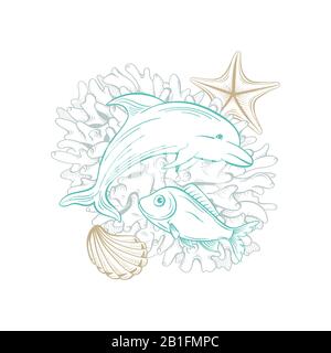 Art vectoriel de l'océan et de la mer, poissons des dauphins, coquillages et étoiles de mer dans le récif de corail. Dessin de ligne d'esquisse dorée et décoration marine de style hachuré, œuvres d'art nautique et décoration sous-marine Illustration de Vecteur