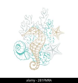 Art maritime des océans et de la mer, hippocampe vectoriel, étoiles de mer et coquillages dans le récif de corail. Ligne d'esquisse dorée, décoration d'art de la vie marine, motifs de dessin de style hachuré, éléments sous-marins isolés Illustration de Vecteur