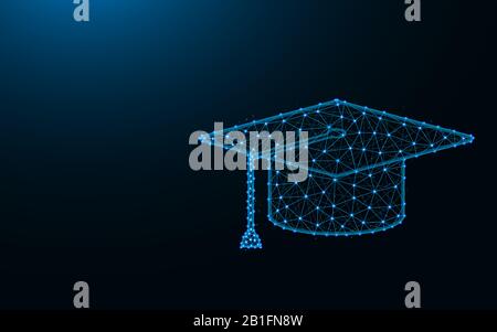Casquette académique carrée constituée de points et de lignes sur fond bleu foncé, illustration vectorielle polygonale en maillage filaire d'éducation Illustration de Vecteur