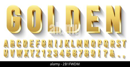 Police Golden tridimensionnelle. Lettres dorées métalliques, caractères de luxe et alphabet doré avec jeux de vecteurs d'ombres Illustration de Vecteur