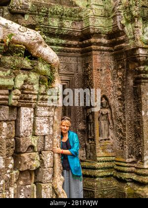 Image du temple de Ta Prohm, le temple photogénique du parc archéologique d'Angkor Wat, Siem Reap, Cambodge. Banque D'Images