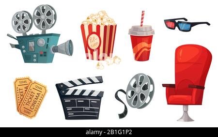 Éléments de cinéma de dessin animé. Cinéma pop-corn, film cinéma Clapperboard et rétro caméra scénario jeu d'illustrations vectorielles Illustration de Vecteur