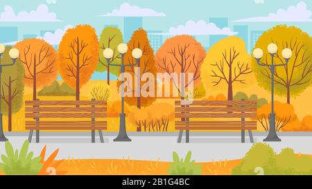 Parc d'automne de dessin animé. Arbres jaunes, environnement des parcs urbains et illustration d'arrière-plan vectoriel du panorama de la nature Illustration de Vecteur