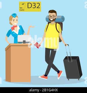 Passager caucasien de dessin animé avec valise et grand sac à dos marchant sur les départs, numéro de porte et équipage de cabine à l'aéroport. Hipster homme avec barbe pul Illustration de Vecteur